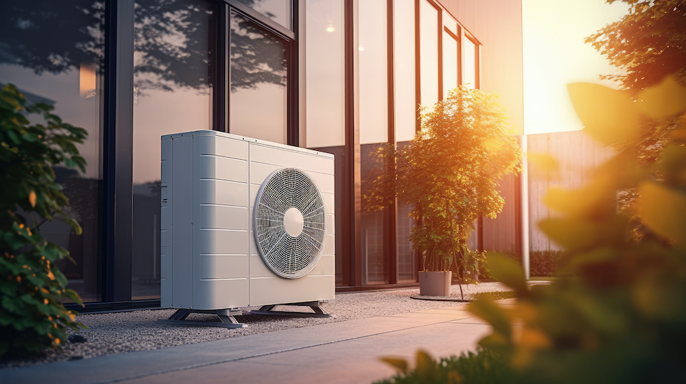 Moderne Wärmepumpe vor einem energieeffizienten Gebäude, umgeben von Pflanzen, bei Sonnenuntergang für nachhaltige Heiz- und Kühltechnik.
